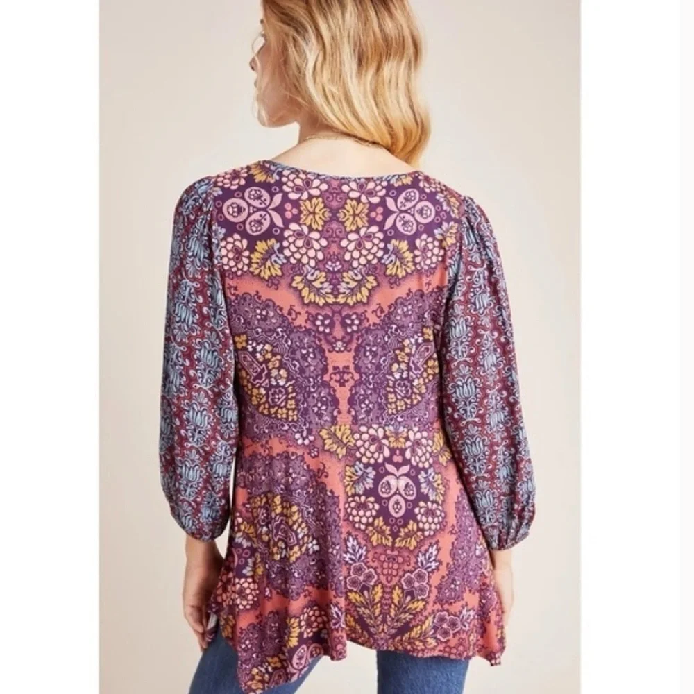 ANTHROPOLOGIE Maeve Purple Boho Mariela Mixed Pattern Flowy Tunic Top - Picture 2 of 9
